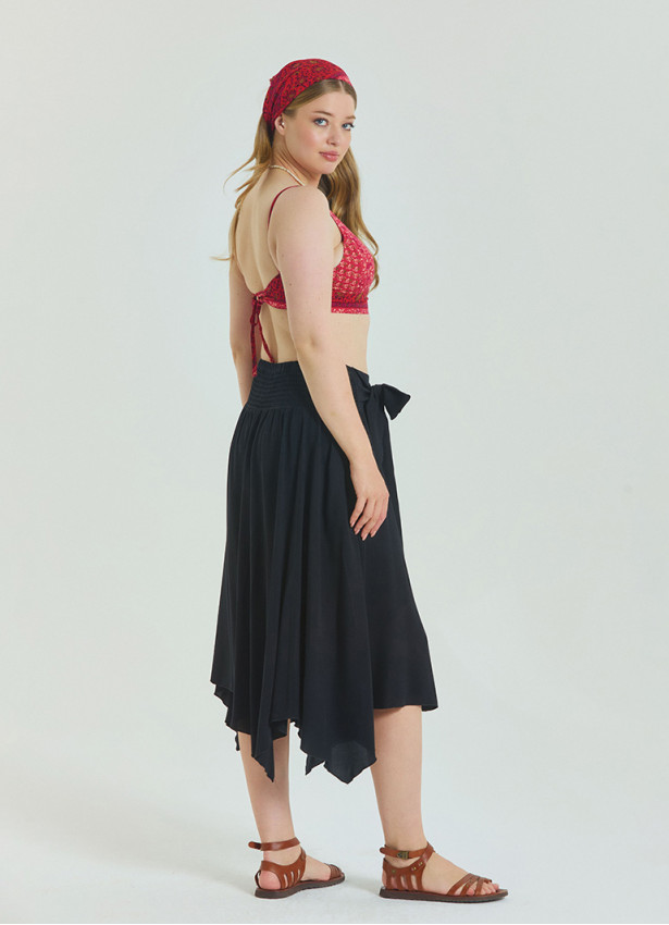Black Plus Size Skirt with Waist Tie and Gipe Detail 4590